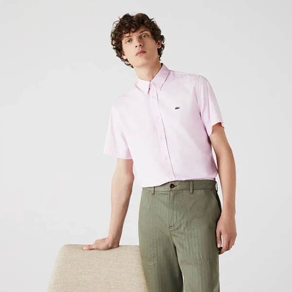 Áo Sơ Mi Nam Lacoste Men's Regular Fit Short Sleeve Cotton Shirt CH2944-00-ADY Màu Hồng Size 39