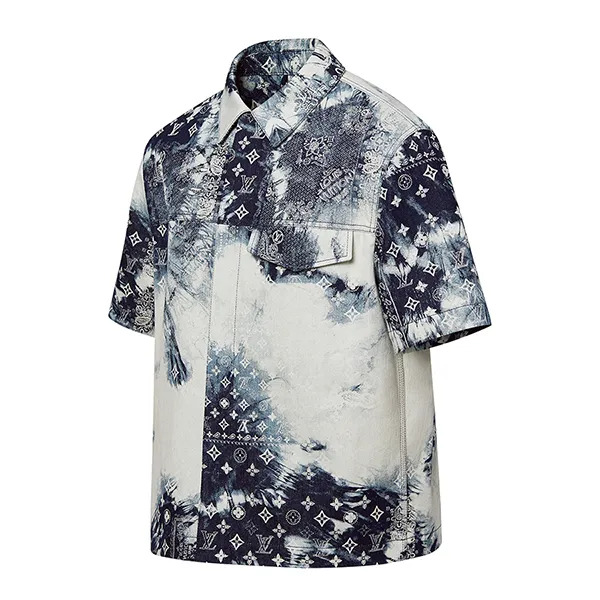 Áo Sơ Mi Nam Louis Vuitton LV Monogram Bandana Short-Sleeved Denim Shirt 1AA852 Màu Xanh Trắng Size XS