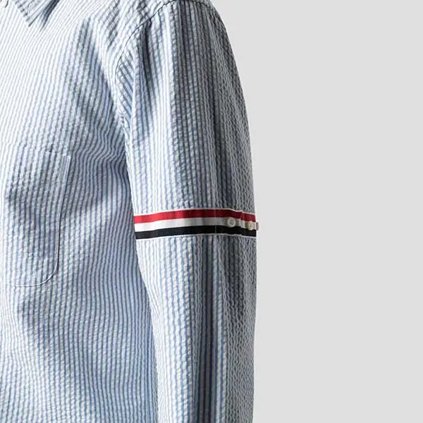 Áo Sơ Mi Nam Thom Browne Tricolour Grosgrain Armband Seersucker MWL301A 00572 450 Màu Xanh Nhạt Size 0