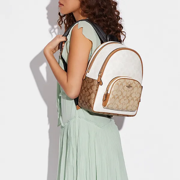 Balo Nữ Coach Court Backpack In Blocked Signature Canvas CA439 Màu Trắng/Be - Túi xách - Vua Hàng Hiệu