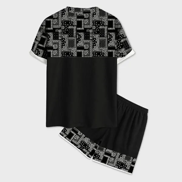 Bộ Quần Áo Cộc Tay Nam Newchic Ethnic Paisley Japanese Print Patchwork Crew Neck SKUK17661 Màu Đen Size S