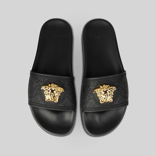 Dép Nam Versace Black With Medusa Gold Logo DSR262CN DGOMB KV041 Màu Đen