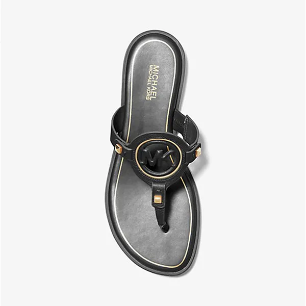 Dép Sandal Nữ Michael Kors MK Aubrey Cutout Leather T-Strap Màu Đen Size 6