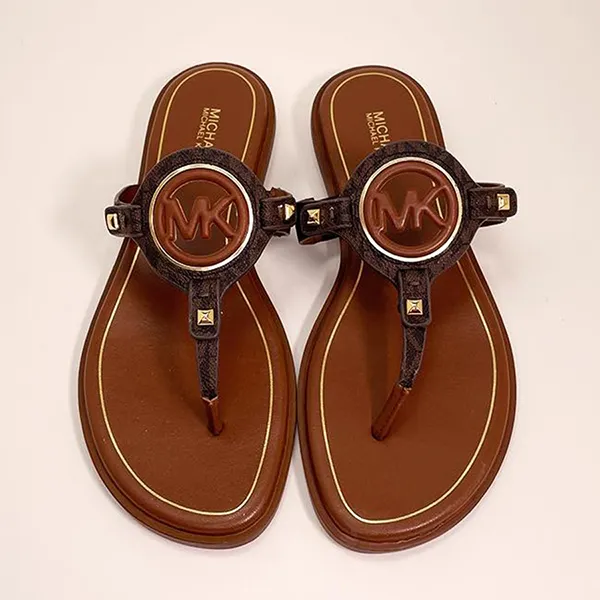 Dép Sandal Nữ Michael Kors MK Aubrey Cutout Leather T-Strap Màu Nâu Size 7