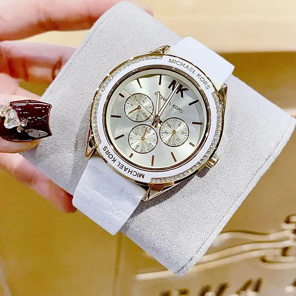 Đồng Hồ Nữ Michael Kors Oversized Jessa Silver-Tone And Embossed Silicone Watch MK7267 Màu Trắng