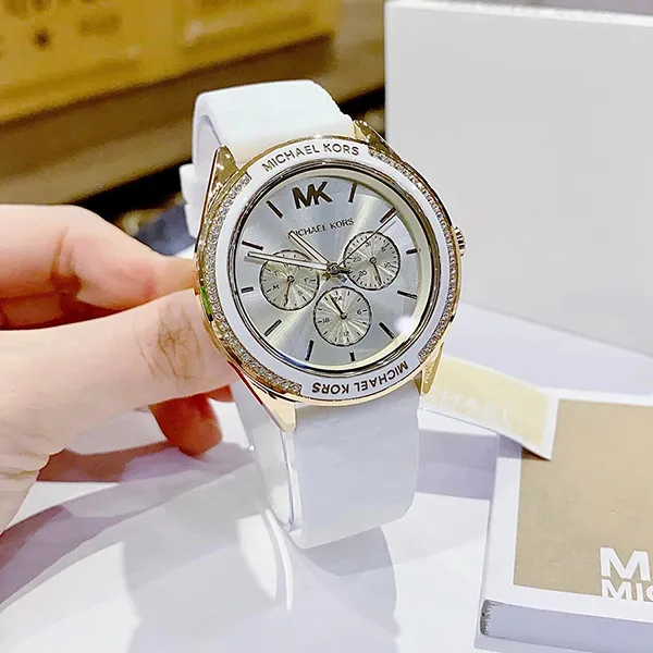 Đồng Hồ Nữ Michael Kors Oversized Jessa Silver-Tone And Embossed Silicone Watch MK7267 Màu Trắng