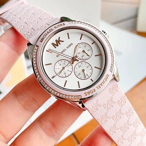 Đồng Hồ Nữ Michael Kors Oversized Jessa Silver-Tone And Embossed Silicone Watch MK7268 Màu Hồng