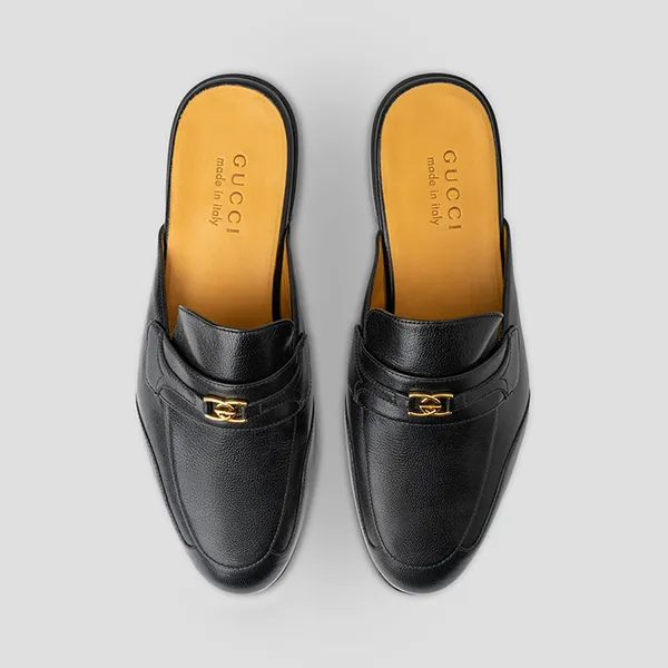 Giày Sục Nam Gucci Black Leather With Gold Logo 692251-030 Màu Đen Size 40