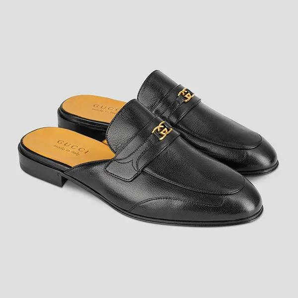 Giày Sục Nam Gucci Black Leather With Gold Logo 692251-030 Màu Đen Size 40