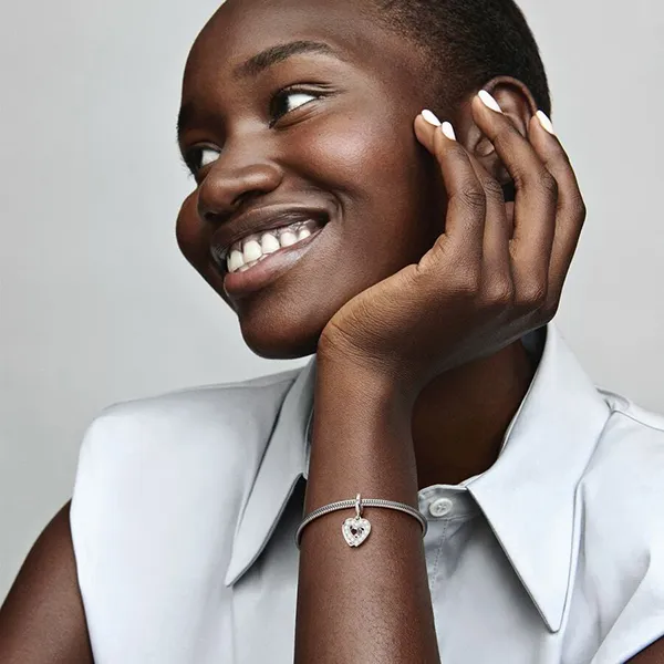 Hạt Vòng Charm Pandora 792649C01 Pearlescent White Heart Mum Double Dangle Charm Màu Bạc