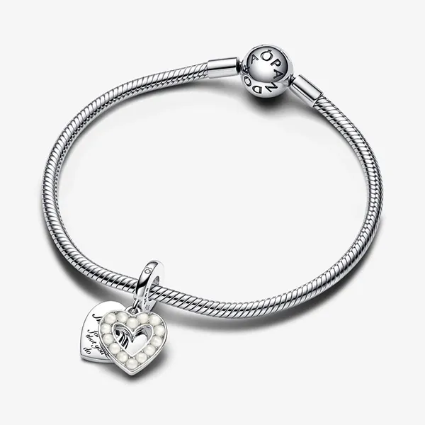 Hạt Vòng Charm Pandora 792649C01 Pearlescent White Heart Mum Double Dangle Charm Màu Bạc