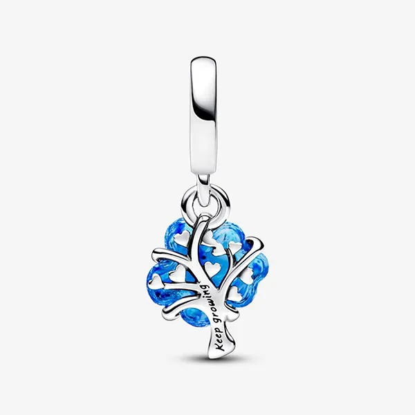Hạt Vòng Charm Pandora Blue Murano Glass Family Tree Dangle 792614C01 Màu Bạc Xanh