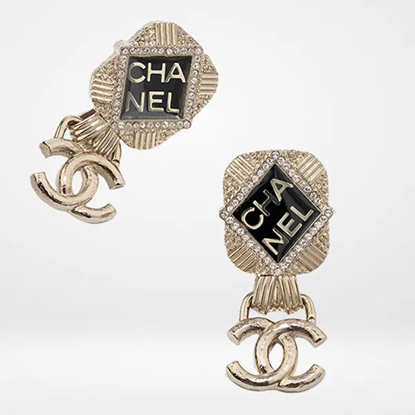 Khuyên Tai Nữ Chanel Logo Earrings AB6693 Màu Vàng Đen - 1