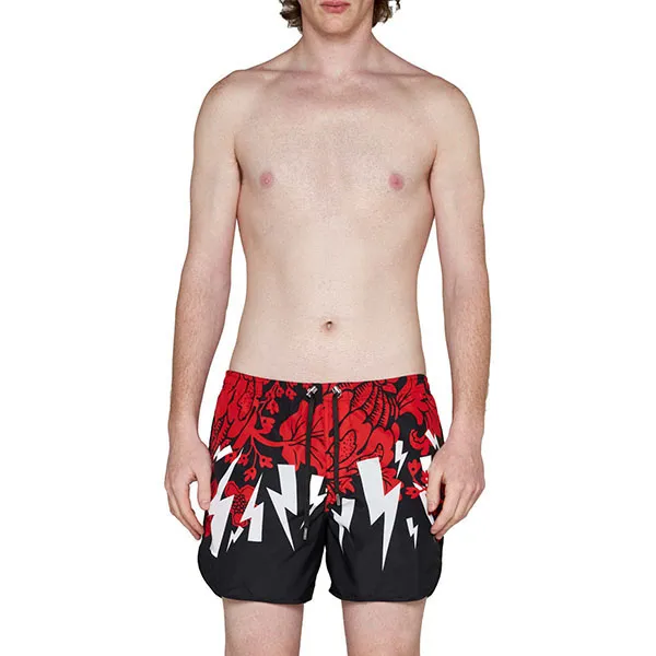 Quần Short Nam Neil Barrett Graphic-Print Swim Shorts PBCB003U042 Màu Đỏ Đen Size M