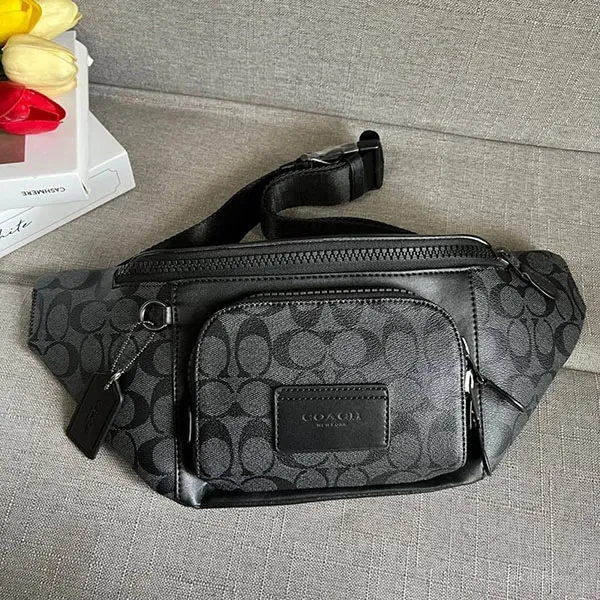 Túi Đeo Chéo Nam Coach Track Belt Bag In Signature Canvas C3765 Màu Đen Xám