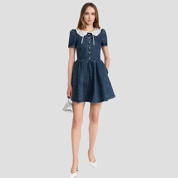 Váy Nữ Self-Portrait Denim Mini Lace Collar PF23-913S-BL Màu Xanh