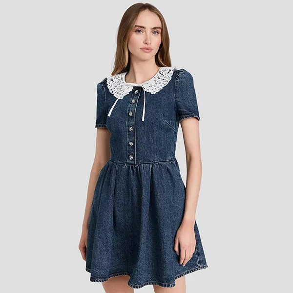 Váy Nữ Self-Portrait Denim Mini Lace Collar PF23-913S-BL Màu Xanh