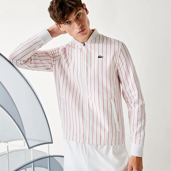 Áo Bomber Lacoste Men's Sport Novak Djokovic Striped Bomber Jacket BH2256 5ML Màu Trắng Kẻ Đỏ Size 50