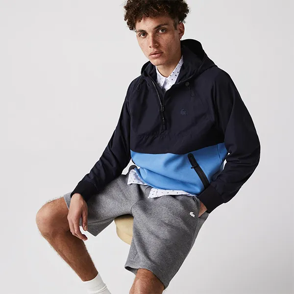 Áo Khoác Nam Lacoste Bimaterial Pullover Jacket BH7603 KFS Màu Navy Xanh Dương Size 5