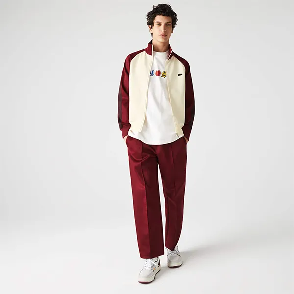 Áo Khoác Nam Lacoste Colorblock Zippered High Neck Cotton Blend SH7625-19Q Màu Be Đỏ Size 4