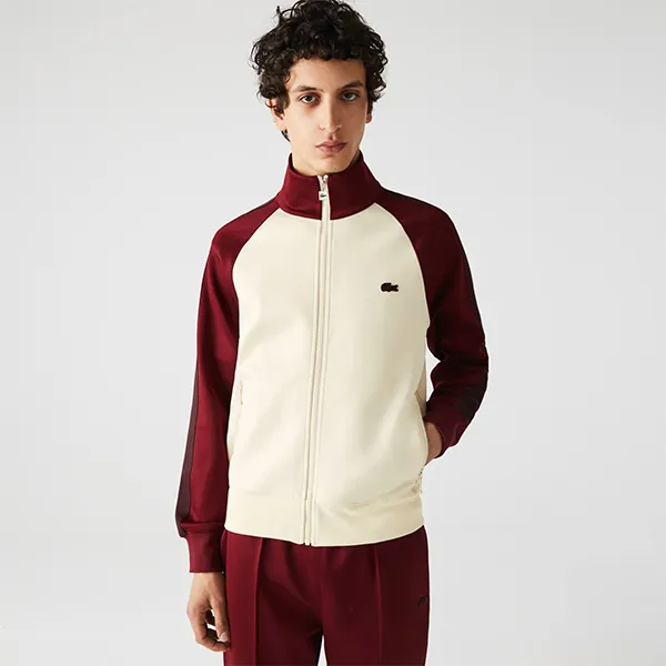 Áo Khoác Nam Lacoste Colorblock Zippered High Neck Cotton Blend SH7625-19Q Màu Be Đỏ Size 4