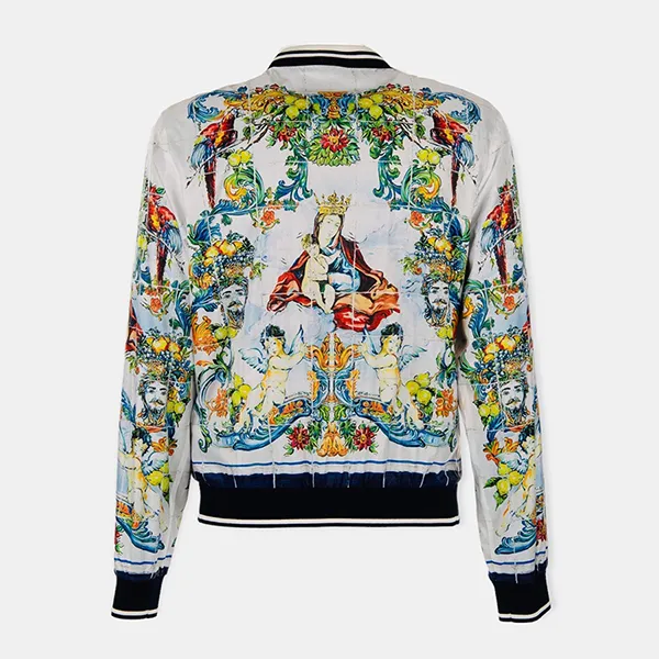 Áo Khoác Nam Dolce & Gabbana D&G Majolica Baroque Printed Bomber Jacket G9LI4THPM17 Màu Trắng Xanh Size 46