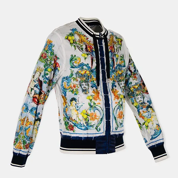 Áo Khoác Nam Dolce & Gabbana D&G Majolica Baroque Printed Bomber Jacket G9LI4THPM17 Màu Trắng Xanh Size 46