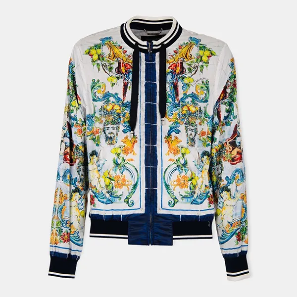 Áo Khoác Nam Dolce & Gabbana D&G Majolica Baroque Printed Bomber Jacket G9LI4THPM17 Màu Trắng Xanh Size 46