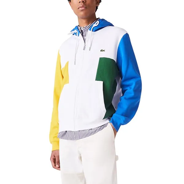 Áo Khoác Nam Lacoste Colour-block Zippered Fleece Hoodie SH1215 Màu Xanh Trắng Size 3