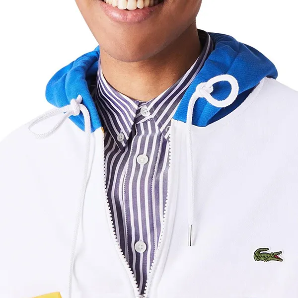 Áo Khoác Nam Lacoste Colour-block Zippered Fleece Hoodie SH1215 Màu Xanh Trắng Size 3