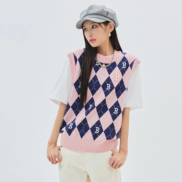 Áo Len MLB Vests Argyle Monogram Vest Boston Red Sox 3FKPM0334-43PKL Màu Hồng