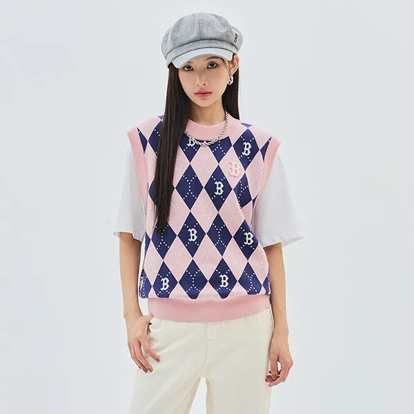 Áo Len MLB Vests Argyle Monogram Vest Boston Red Sox 3FKPM0334-43PKL Màu Hồng
