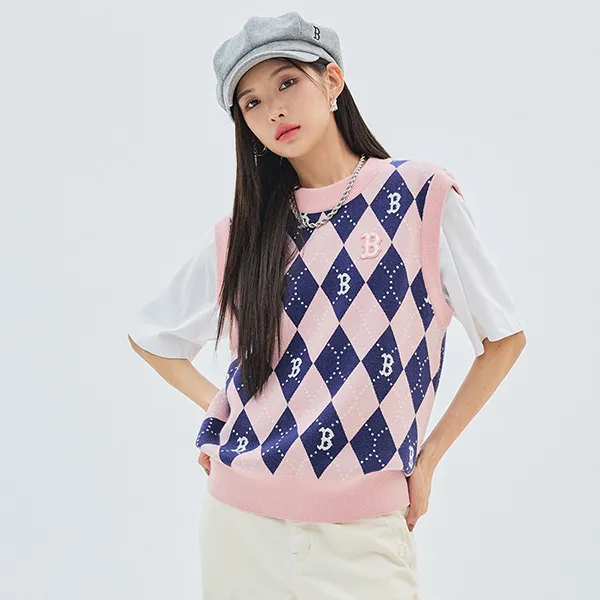 Áo Len MLB Vests Argyle Monogram Vest Boston Red Sox 3FKPM0334-43PKL Màu Hồng