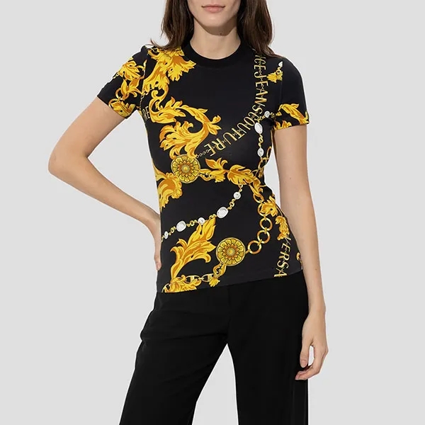 Áo Phông Nữ Versace Jean Couture Black Patterned Tshirt 75HAH608 JS214 G89 Màu Đen Vàng