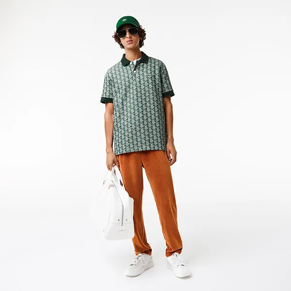 Áo Polo Nam Lacoste Men's Classic Fit Monogram Print Contrast Collar Polo Shirt DH0073 7M4 Màu Xanh Green Size 5 - 1