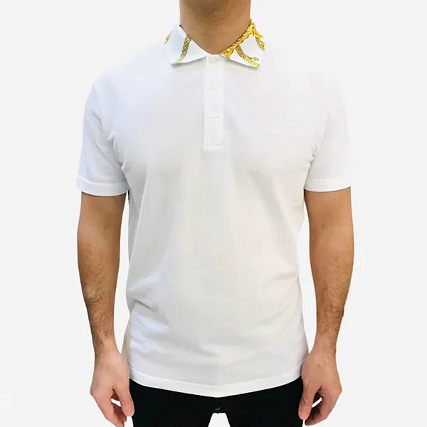 Áo Polo Nam Versace White With Logo Baroque Collar Printed Polo Shirt A895058 Màu Trắng Size S