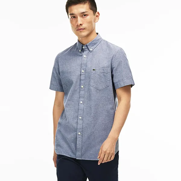Áo Sơ Mi Cộc Tay Nam Lacoste Men's Regular Fit Oxford Cotton Shirt CH9595 51 Màu Xanh Xám Size 40