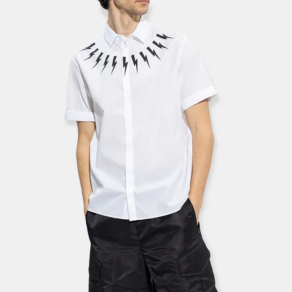 Áo Sơ Mi Cộc Tay Nam Neil Barrett Fair Isle Thunderbolt Shirt PBCM068SU002S526 Màu Trắng Size S