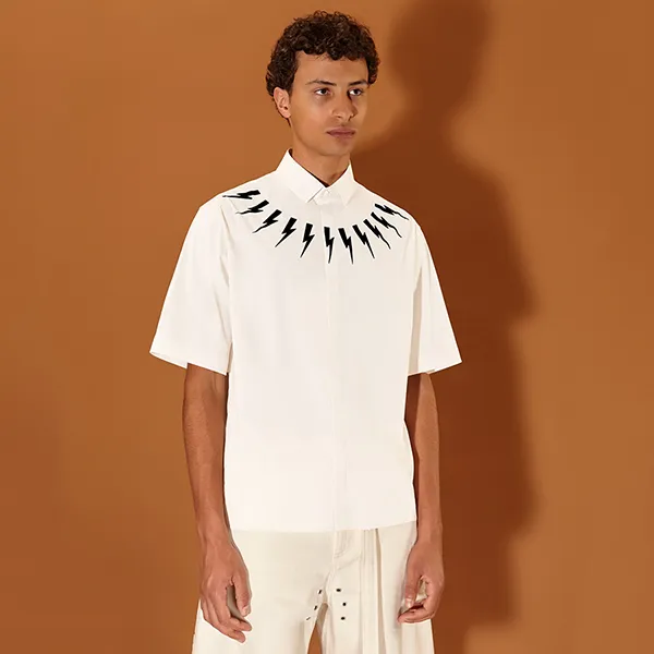 Áo Sơ Mi Cộc Tay Nam Neil Barrett Fair Isle Thunderbolt Shirt PBCM068SU002S526 Màu Trắng Size S