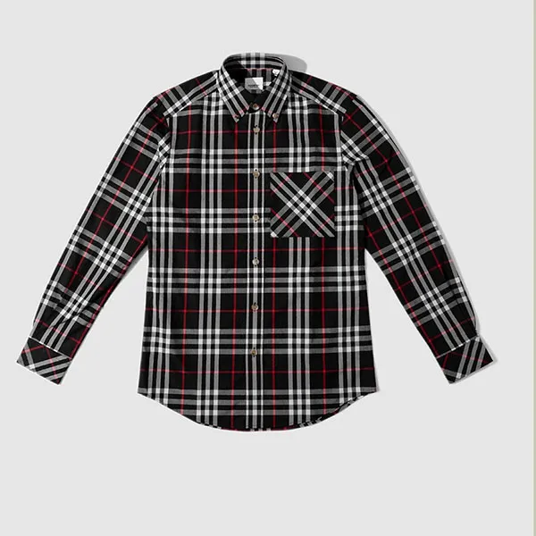 Áo Sơ Mi Nam Burberry Long Sleeve Check Cotton Shirt Màu Đen Kẻ Trắng
