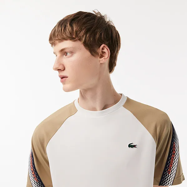 Áo Thun Nam Lacoste Men’s Sport Regular Fit Logo Stripe T-Shirt TH5196 A96 Màu Trắng/Be Size 5