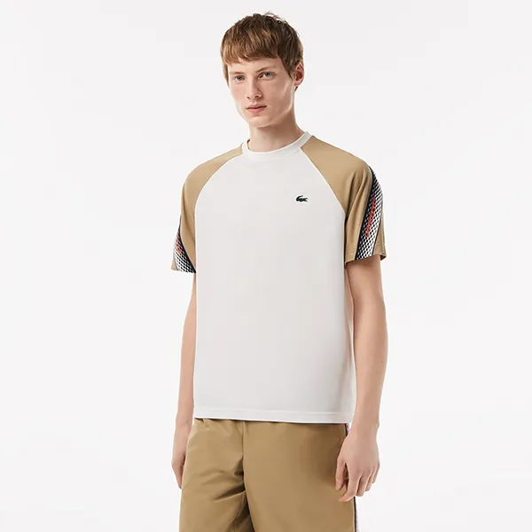 Áo Thun Nam Lacoste Men’s Sport Regular Fit Logo Stripe T-Shirt TH5196 A96 Màu Trắng/Be Size 5
