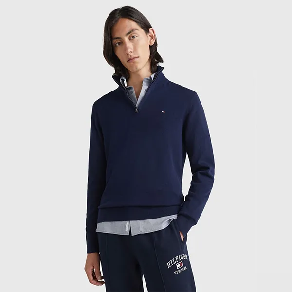 Áo Len Tommy Hilfiger Cotton Mix Quarter-Zip MW28049 - 401 Màu Xanh Navy Size XS