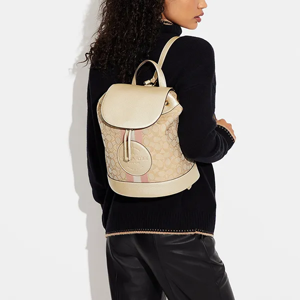 Balo Nữ Coach Dempsey Drawstring Backpack n Signature Jacquard CF386 Màu Be - Túi xách - Vua Hàng Hiệu