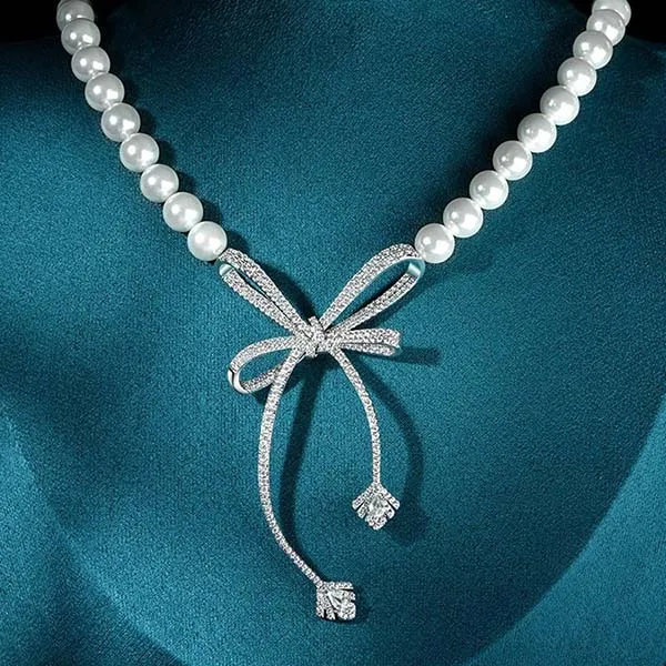 Dây Chuyền Nữ Lili Jewelry Đính Ngọc Trai, Đá Carbon Tổng Hợp Hình Chiếc Nơ LILI_593116 Màu Bạc