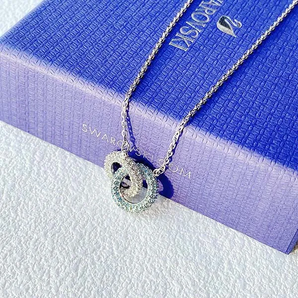 Dây Chuyền Nữ Swarovski Stone Necklace Pavé, Intertwined Circles, Blue, Rhodium Plated 5642883 Màu Bạc Xanh