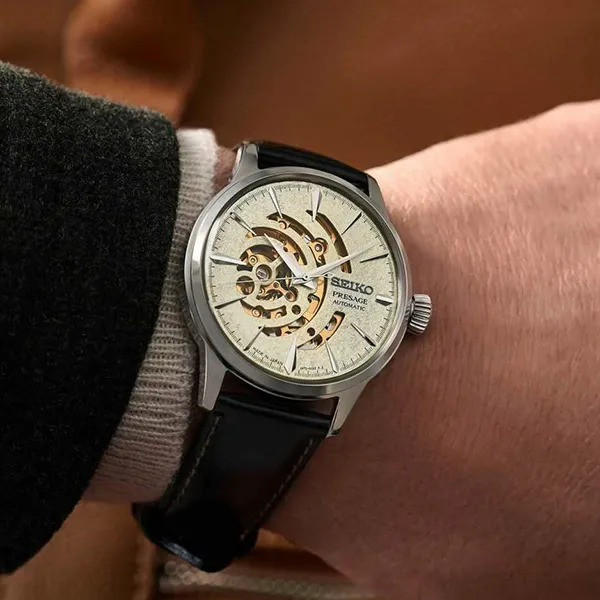 Đồng Hồ Nam Seiko Automatic Presage Cocktail Skeleton Time Star Bar Limited Editions SSA455J1 Màu Kem Đen