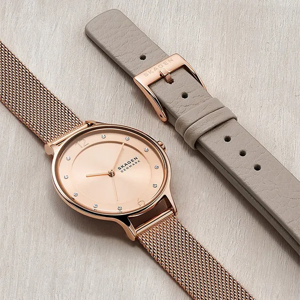 Đồng Hồ Nữ Skagen Anita Lille Three-Hand Rose Gold Stainless Steel Mesh Watch SKW1150SET Màu Vàng Hồng (Kèm Dây Da)