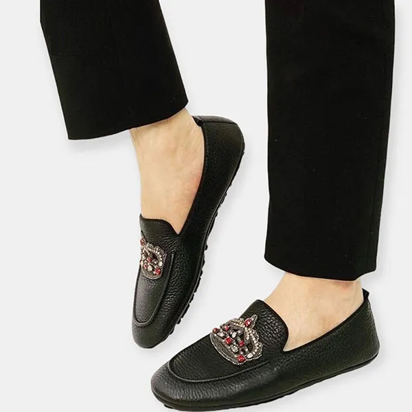 Giày Lười Nam Dolce & Gabbana D&G Crown Logo Embellished Loafers Màu Đen Họa Tiết