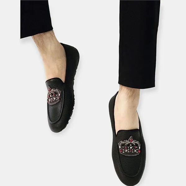 Giày Lười Nam Dolce & Gabbana D&G Crown Logo Embellished Loafers Màu Đen Họa Tiết